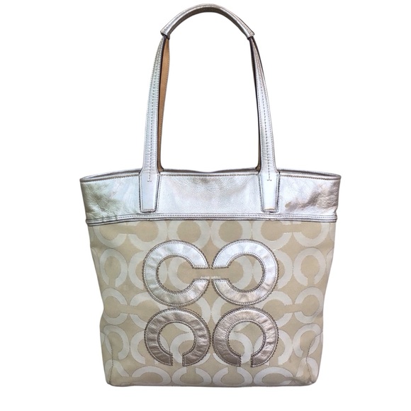 Coach Audrey OP Art Lurex Pique Leigh SlimTote Khaki/Gold - Picture 1 of 12
